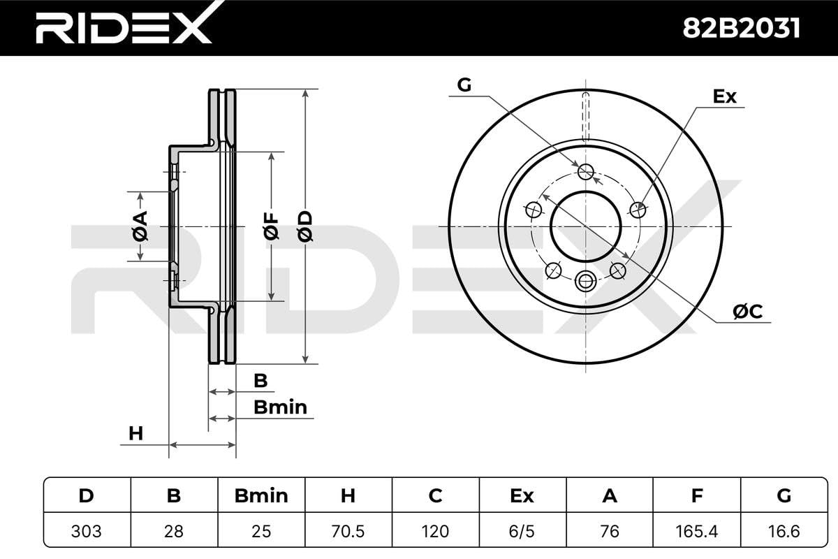 RIDEX 82B2031, 2 szt Tarcze Hamulcowe przód 303mm Kompatybilny z VW Multivan T7 STM, STN Amarok Pick-up 2HA, 2HB, S1B, S6B, S7A, S7B Crafter Van SY, SX GRAND CALIFORNIA Camper SCB, SCC