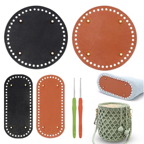 FYSL 4 Piezas Bolso Cojín de Parte Inferior de Cuero de PU Tejido de Punto de Ganchillo Bolsa Base Redondo Almohadilla Inferior de Bolso con Agujeros para Bolso Tejida a Mano DIY (con Ganchillo)