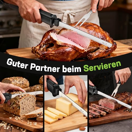 WORKPRO Elektromesser 8V, Kabelloses Küchenmesser mit 2 Edelstahlklingen, Elektrisches Messer mit Gabel, 2000 mAh Akku für Präzises Schneiden von Brot, Fleisch, mit Aufbewahrungsbox, Schwarz