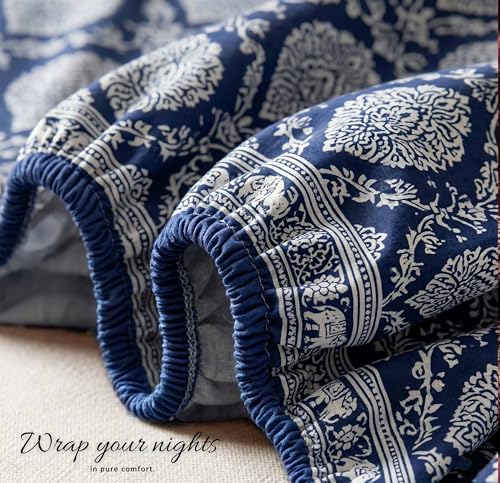 Image of VAS COLLECTIONS 180 TC Cotton Fitted Bedsheet Double Bed (72x78+8 Inches) with 2 Pillow Covers - Soft Breathable Skin Friendly Jaipuri Printed Elastic Fitted Bed Sheet, Indigo & Frost