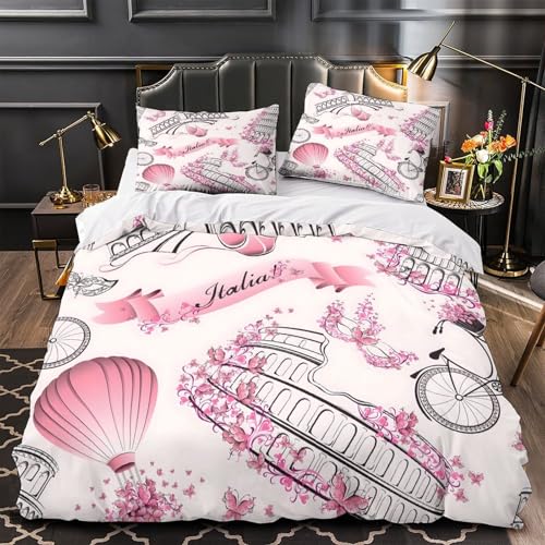 JQKZXNHPDR Italy Travel Decor Linge de Lit 3D Effet Microfibre 3 Pièces Éclair Super Douce Vintage Romantic Parure de Lit Hypoallergique Résistante for Ado...