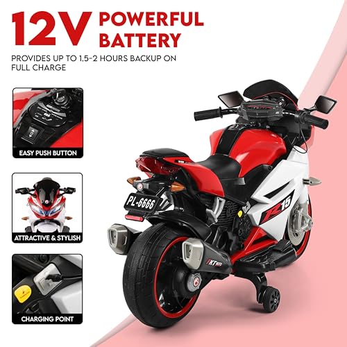 Image of BabyGo Kids Electric Ride-On Motorcycle Big Bikes | 12V Battery Operated Bike with, LED Lights & Music | Rechargeable Bike for Boys & Girls Ages 1-8 Years | 35kg Capacity | Large R15 Bike for Kids