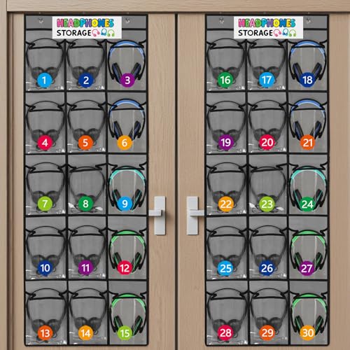 Olpchee 2 Pack Classroom Headphone Storage Organizer with 30 Pockets, PVC Clear Classroom Pocket Chart for Headphone Cell Phone Over-the-Door Hanging Headphone Holder Bag with 62 Labels(Grey)