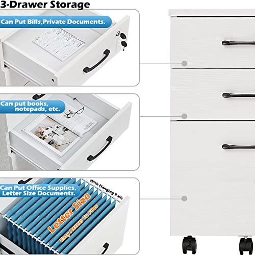 Image of Panana 3 Drawer Wood Mobile File Cabinet, Under Desk Storage Drawers Small File Cabinet for Home Office (White)