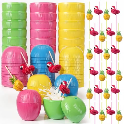 Chengu 48 Pcs Coconut Cups Party Set 24 Coconut Cups with 12 Pineapple Straws & 12 Flamingo Straws Hawaiian Luau Tiki Summer Beach Party Decorations & Favors for Adults(Pink Yellow Green Blue)