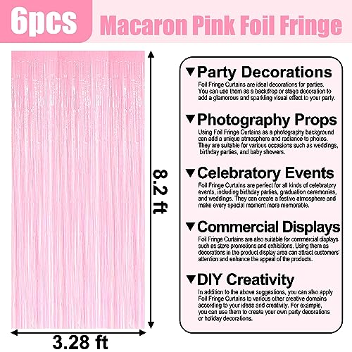 Image of 6 Pack Macaron Pink Foil Fringe Curtain Backdrop, 3.28Ft x 8.2Ft Metallic Tinsel Foil Fringe Streamer Curtains for Photo Booth, Christmas Day, Thanksgiving, Wedding, New Year Party Decorations