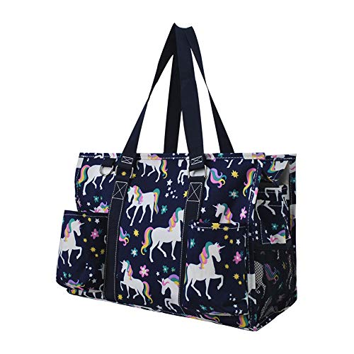 NGIL Utility Water Resistant Tote Bag, Top Zipper Closure, Perfect Gifts for Working Women, Nurses, Gym bag (Unicorn Print-Navy)