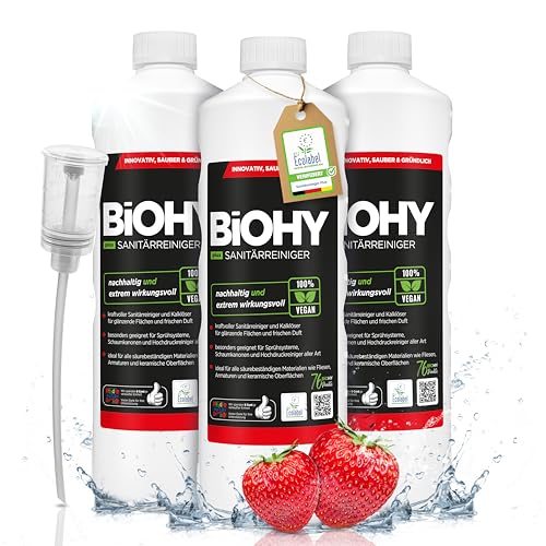 BiOHY Sanitärreiniger Plus (3 x 1 Liter) + Dosierer | Kalkentferner Konzentrat für Fliesen, Dusche & WC | EXTRA STARKER Badreiniger gegen Urin, Seifenreste & Schmutz | umweltfreundlich mit EU Ecolabel