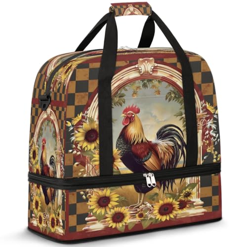 Travel Duffel Bags Sunflower Floral Rooster Foldable Weekender Bags for Women with Shoes Compartment Waterproof & Tear Resistant Carry on Overnight Luggage Duffel Bag Shoulder Sports Tote Bag