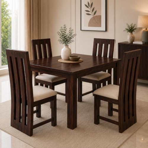 Image of Sheesham Wood 4 Seater Dining Table Set for Living Room Solid Wood Dining Table Set with 4 Chairs, Dining Room Furniture Walnut Finish