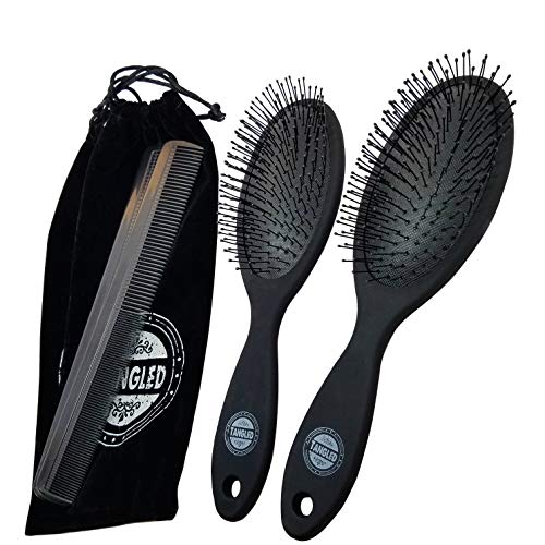 TANGLED 2-Pack Detangling Hair Brush (Black) with MICROFIBER BAG and COMB