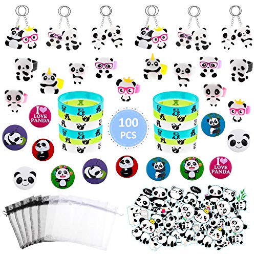 100 Pcs Panda Birthday Party Supplies Favor Pack Panda Party Favors for Kids Panda Favor Bags Panda Bear Keychains Rings Brooch Stickers Bracelets Panda Bear Birthday Baby Shower Gift