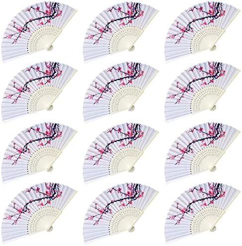 LYART 12PCS Delicate Cherry Blossom Design Silk Folding Hand Fan Wedding Favors Gifts,Fan Girls, Ladies, Church Wedding Gift, Party Favors, DIY Decoration Music Festival, Party, Parade, cherry