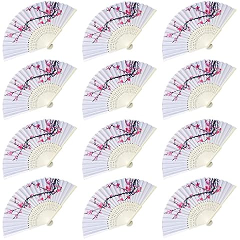 LYART 12PCS Delicate Cherry Blossom Design Silk Folding Hand Fan Wedding Favors Gifts,Fan Girls, Ladies, Church Wedding Gift, Party Favors, DIY Decoration Music Festival, Party, Parade Cover