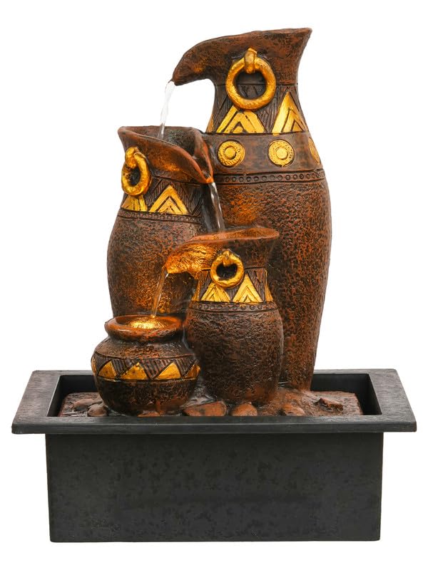 Image of Polyresin Brown & Golden Designer Table Top Jug Style Indoor 3 Steps Home Decor Water Fountain with Yellow LED Light & Water Flow Controller Pump (Size: 40 x 29.5 x 22CM | Weight: 2095grm)