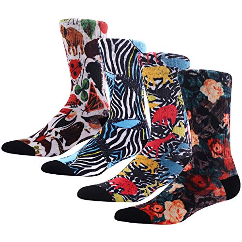 MK MEIKAN Crazy Crew Socks for Men, Adult Funny Modern Various Funky Pattern Mixed Art Colors Long Socks Women Crazy Novelty Socks Animal Series Youth Colorful Socks 4 Pairs One Size