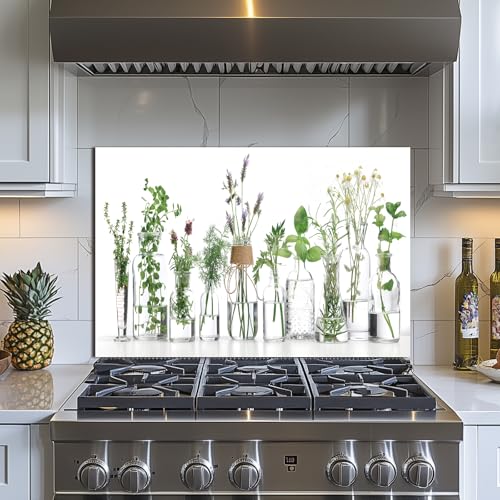 Tempered Glass Backsplash for Kitchen, Green plants Stove Splashback, Glass Backsplash, Used for Kitchen Wall Protection and Decoration, Easy to Install and Clean. (30x18'')