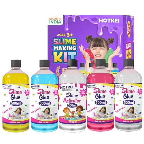 Image of HOTKEI (Make 100+ slimes) Multicolor Scented DIY Magic Toy Slimy Slime Activator Glue Gel Jelly Putty Making kit Set Toy for Boys Girls Kids Slime Making Kit 4 Colored Glue 1 Activator - 500 ml Each