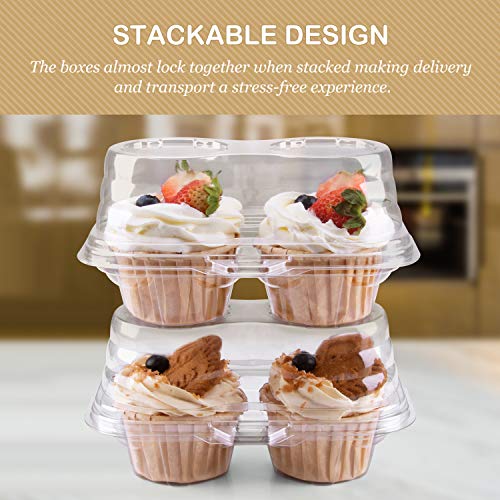 Himetsuya 2 Cavity Cupcake Boxes -50 packs -Stackable Regular Cupcake Carrier Holder, Thicker Clear Cupcake Boxes, Non-slip High Topping Cupcake Containers for Cupcakes, Muffins (2 cavity)
