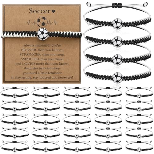 30 Sets Sports Charm Bracelets Bulk with Inspirational Card for Sports Party Favor Team Group Player Gifts