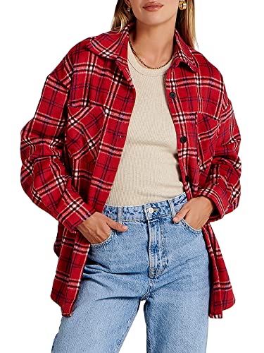 ANRABESS Chilletes a cuadros para mujer, manga larga, solapa con botones y bolsillos, para mujer, 1 rojo, Large Cover