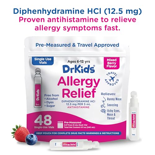Image of Dr. Kids Children's Allergy Relief Medicine with Diphenhydramine HCl 12.5 mg - Pre-Measured Single-Use Vials, Kids Antihistamine for Sneezing, Runny Nose & Itchy Eyes, Mixed Berry Flavor, 48 Count