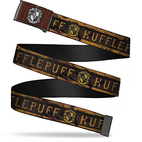 Belt Graphic Clamp Buckle Hufflepuff Crest Banner Weathered Tan Brown 1.25 Inch Wide Fits up to Size 42