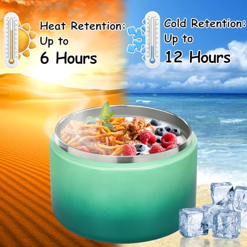 12oz Insulated Vacuum Food Jar with Buckle Lid Wide Mouth Soup Thermo for Hot Food Kids Leakproof Stainless Steel Lunch Container (Gradient Green, 12OZ)
