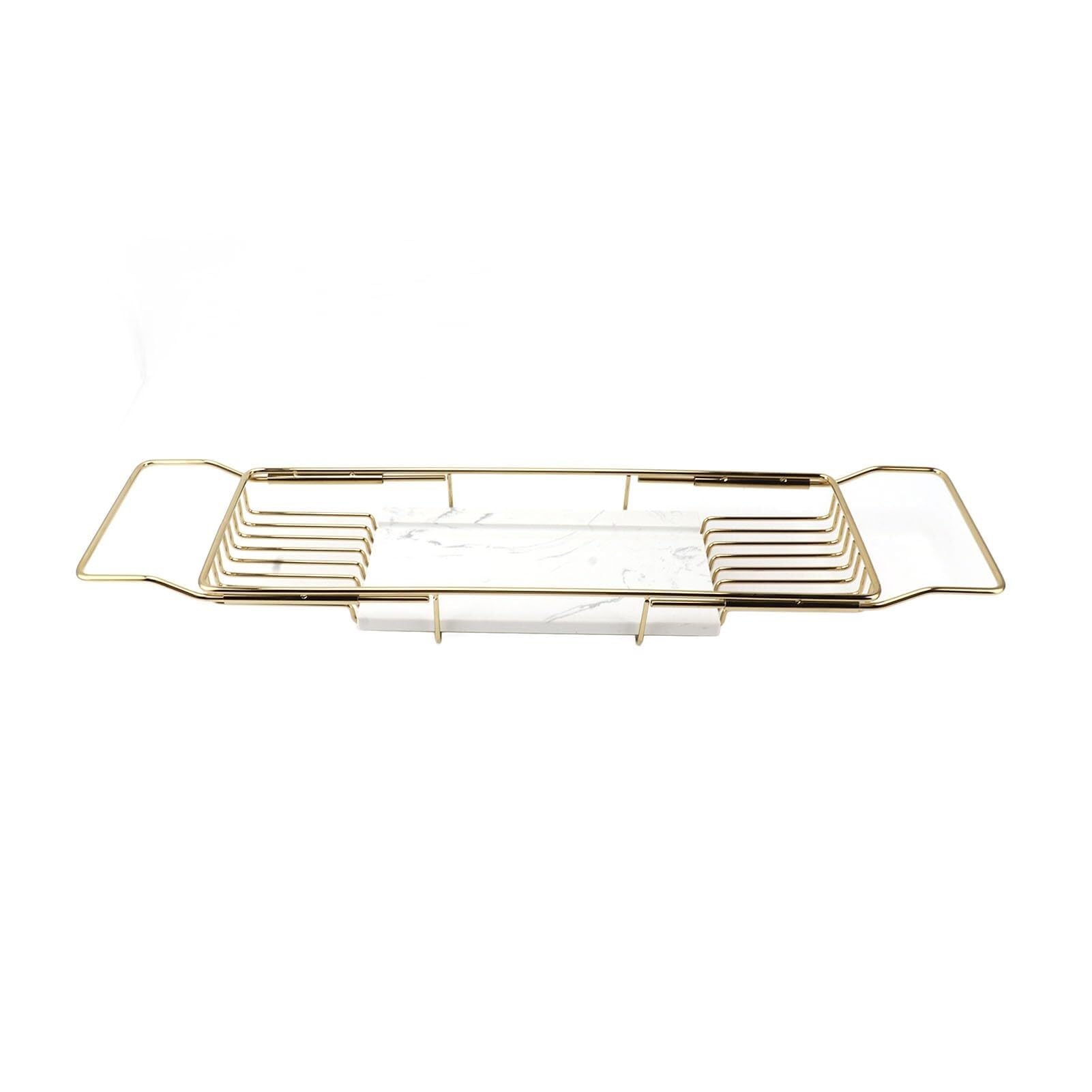 Estante para bañera – Bandeja de mesa para lavabo para champú y artículos esenciales – Almacenamiento de baño de alambre ajustable, color dorado y blanco