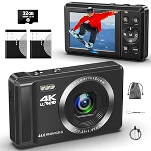 4K Digital Camera – 44MP Digital Cameras – Autofocus Point and Shoot Digital Cameras 2.4” Compact Digital Camera 16X Digital Zoom – Vlogging Camera with 2 Batteries a 32GB SD Card for Teens Students