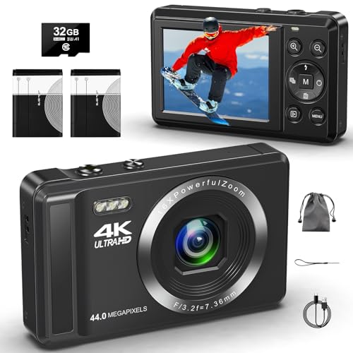 4K Digital Camera – 44MP Digital Cameras – Autofocus Point and Shoot Digital Cameras 2.4” Compact Digital Camera 16X Digital Zoom – Vlogging Camera with 2 Batteries a 32GB SD Card for Teens Students