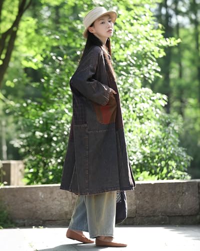 Women's Vintage Distressed Denim Trench Coat Oversized Long Jean Jacket Boho Streetwear Style4