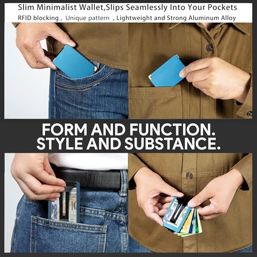 Image of Minimalist Carbon Fiber Wallet for Men, Money Clip Cash Strap Wallet, RFID Blocking Metal Wallet Aluminum Card Holder,Front Pocket Wallet(Matte Blue)
