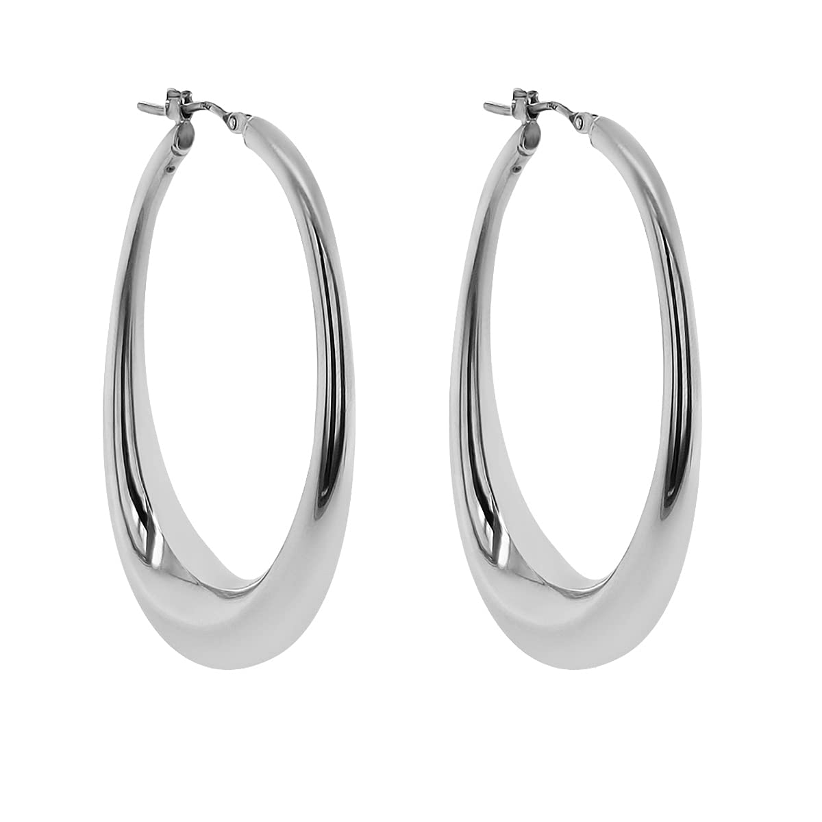 Precious Gemma Italian 925 Sterling Silver Rhodium Plated Large Oval Hoops, Hypoallergenic Geometric Oblong Teardrop Hoop Earrings for Women Size 60mm