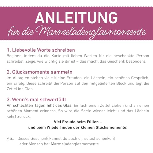 Glücks- Marmeladenglasmomente – Geschenk für Frauen, Schwester, Mitbringsel, Kleinigkeit, Valentinstag