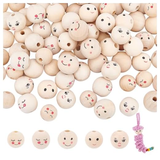 PH PandaHall Smile Face Wood Beads, 100pcs 5 Styles Wooden Beads 15~18mm Head Beads with 4~5mm Hole Spacer Beads Wooden Loose Bead for DIY Bracelet Necklace Jewelry Macrame Hair Crafts Christmas Decor