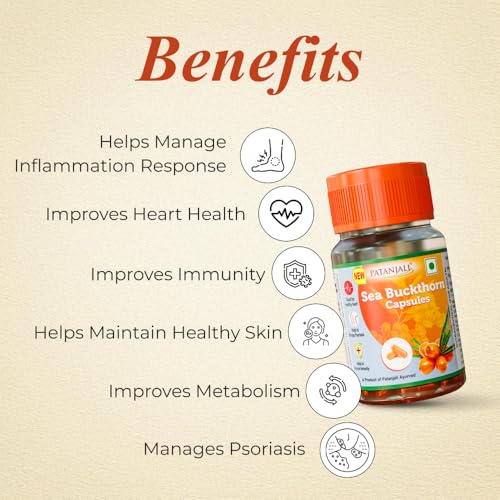 Image of Patanjali Sea Buckthorn Capsules | Natural Supplement for Heart Health, Immunity & Skin Care | Source of Omega 3 6 7 & 9 | Pack of 1