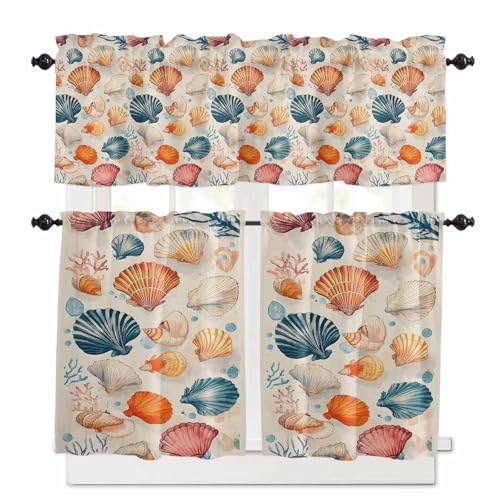 Beach Coastal Kitchen Curtains 36 Inch Length, 3 Piece Rod Pocket Small Half Tiers and Valance Set, Summer Nautical Shell Starfish Small Large Window Treatment Decor for Bedroom/Bathroom Sink