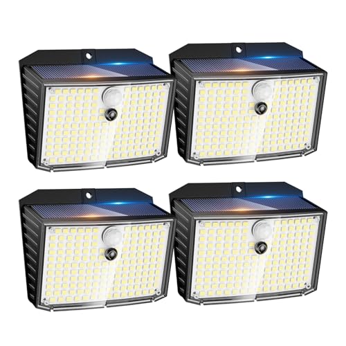Auting Solarlampen für Außen mit Bewegungsmelder, 4 Stück 158 LEDs Kaltweiß 3 Modi Solarleuchten mit bewegungsmelder, IP65 Wasserdichte Solar Wandleuchte für Garten,Garage,Stufen, Deck, Haustüren