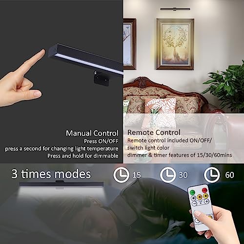Image of Wireless LED Picture Light 16in with Remote,Dimmable and Timer Picture Lights for Paintings,Metal Rechargeable Art Light Display Lamp,3 Modes,Dartboard Light for Frame Picture Gallery Portrait