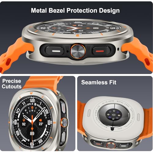 Image of Metal Case Compatible with Samsung Galaxy Watch Ultra /Ultra 2 (2025) 47mm with Back Cover, Rugged Thin Hard Frame Protective Cover for Galaxy Watch 7 /8 Ultra 47mm - Titanium Orange