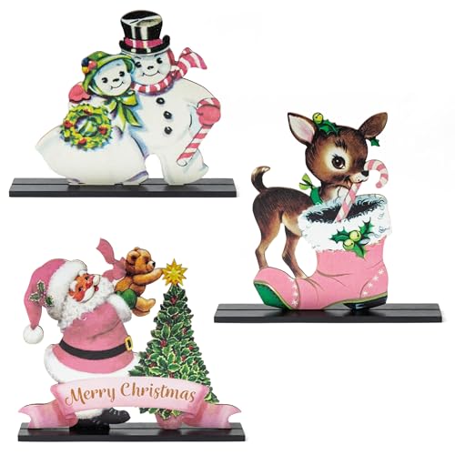 BkeeCten Christmas Winter Table Centerpieces - 3pcs Vintage Pink Christmas Winter Wooden Table Topper Centerpiece Decoration Signs Victorian Santa Claus Elk Snowman Sign Decor Xmas New Year Gifts