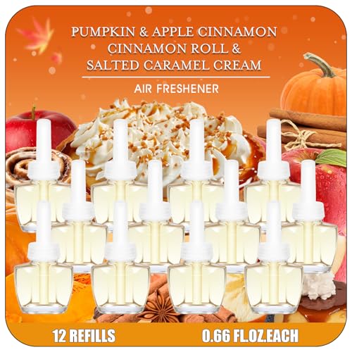 Plug In Air Fresheners for Home 12 Pack Pumpkin Apple Cinnamon Cinnamon Roll & Salted Caramel Cream Wall Plug In Refills for Summer Compatible with Air Wick & Glade