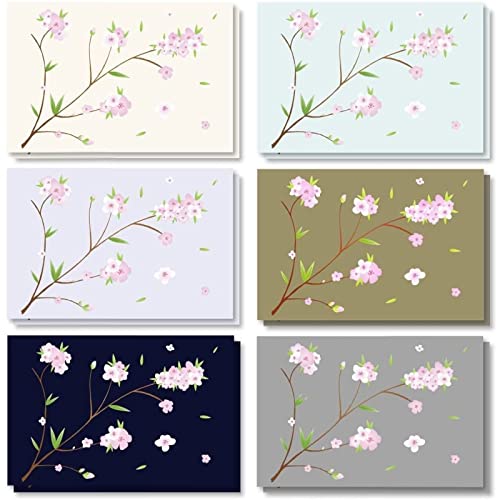 Paquete de 120 tarjetas de felicitación para todas las ocasiones, en blanco, vintage, 6 diferentes diseños de cerezo japonés, sobres incluidos, 10 x 15 cm Cover