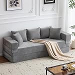 MELLCOM 78.7'' Folding Floor Sofa Bed, 4-in-1 Convertible Sleeper Sofa Couch with Armrest and Pillows, Foldable Sofa Bed, Boneless Loveseat Sofa, Chaise Lounge for Living Room, Bedroom（Grey）