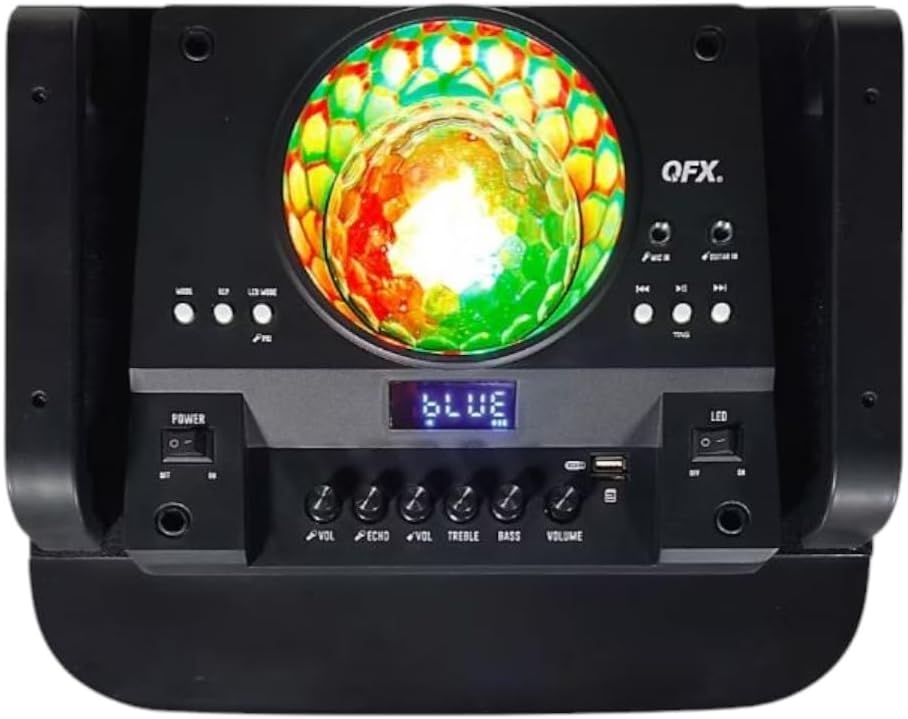 QFX PBX-1260 Dual 12" Party Speaker with Rechargeable Battery and LED Lights, Microphone, USB & AUX-in Input, FM Radio, Treble Bass & Echo Controls, 6-8 Hours Battery Life (Renewed)