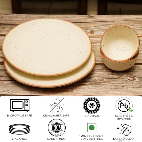 Image of Freakway Handcrafted Ceramic Stoneware Cream White Geometric Dinner Plates 10 Inches with Serving Bowl Set of 4 Pieces | 2 Dinner Plates with 2 Bowls | Dishwasher & Microwave Safe - Off White