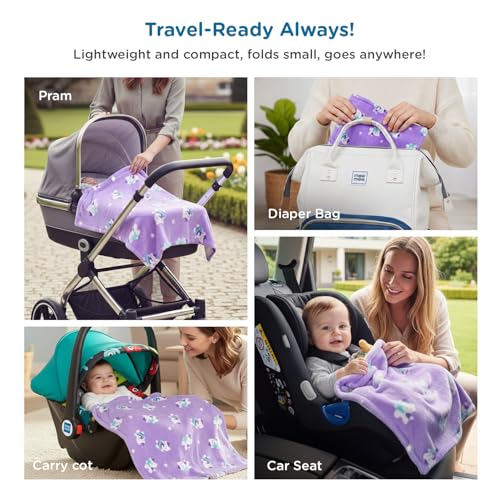 Image of Mee Mee Soft Single Layer Lightweight Flannel Baby Blanket with Cat Printed - Comfort and Warmth for Newborns (75 cm x 100 cm) 0-12 Months (Purple)