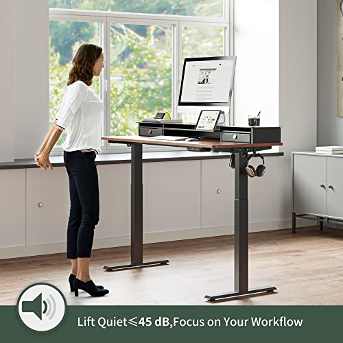 Fezibo Electric Standing Desk With Glass Top Monitor Stand,48 X 26 Inch Adjustable Sit Stand Up Table With Double Drawer, Sit Stand Desk With Storage Shelf, Black Frame/Black Walnut Top #TOP6