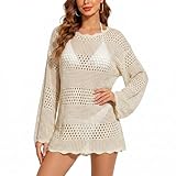 Justay Comf Strandkleid Damen Gestrickt Aushöhlen Sommerkleid Sexy Bikini Cover Up Langarm Pareo Strand Bademode